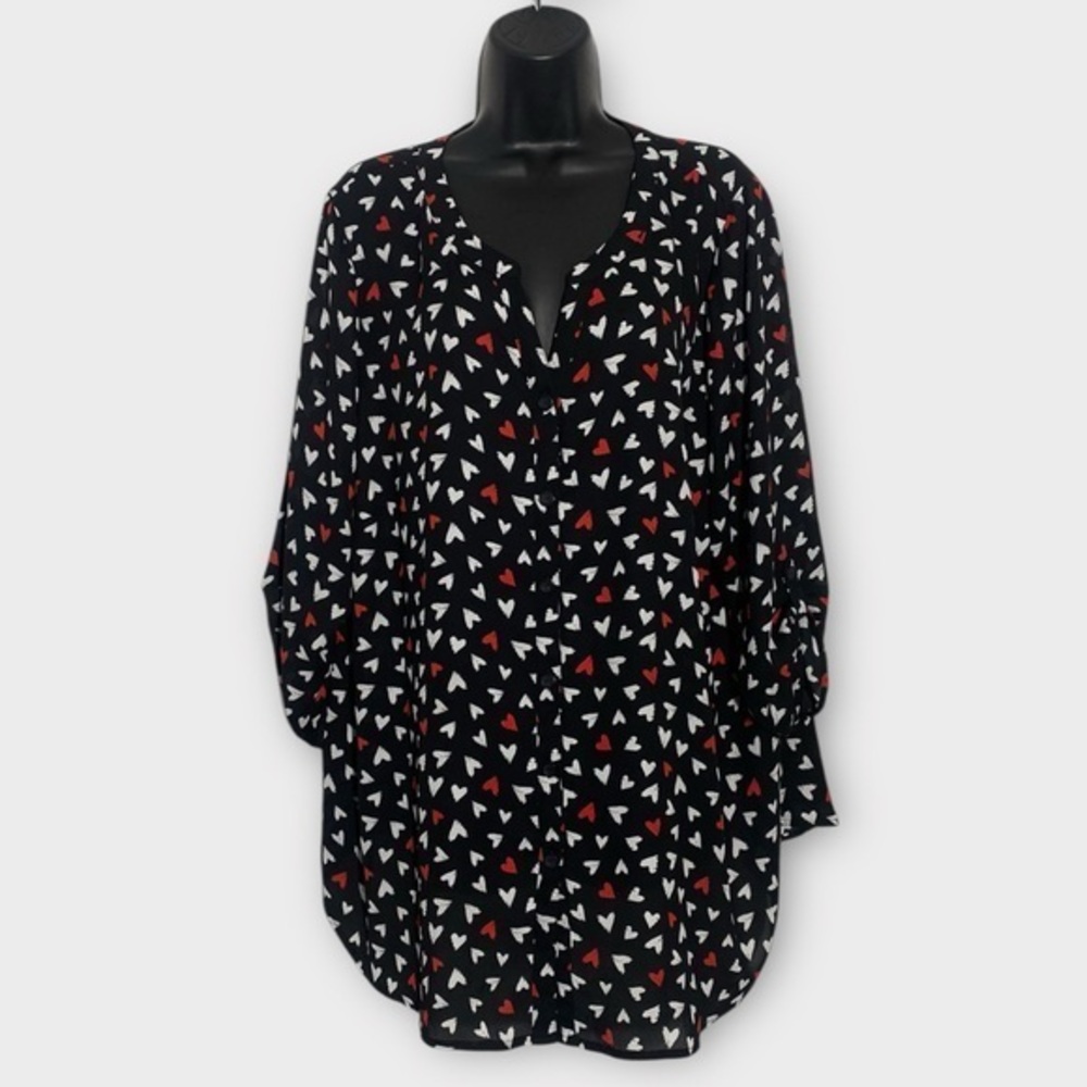 Catherines Black Red & White Hearts Novelty Print Roll Tab Sleeve Top Size 1X